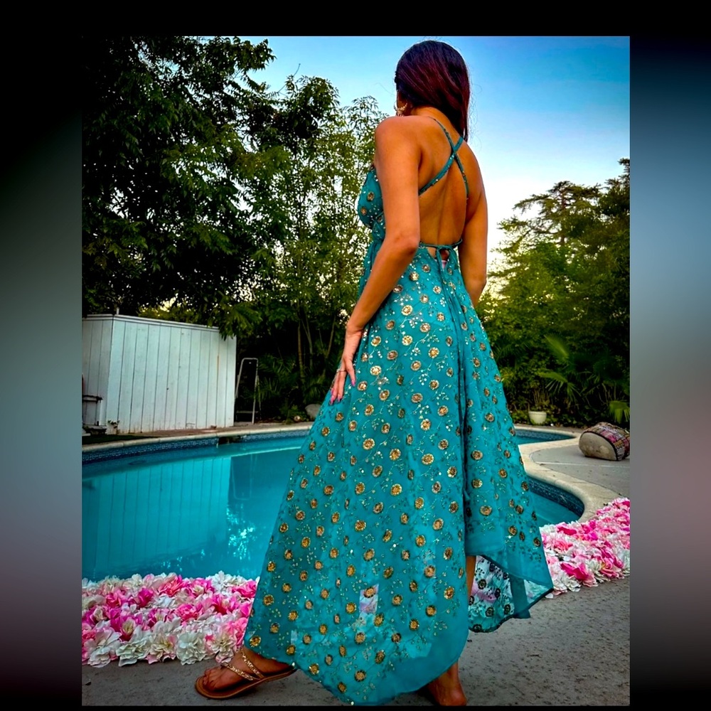 Namaslay teal gold festival bali bohemian maxi dress indowestern coachella